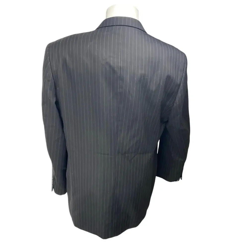 S&K Men's Black 100% Wool Pinstriped Long Sleeve Blazer Coat Suit Jacket Size 46
